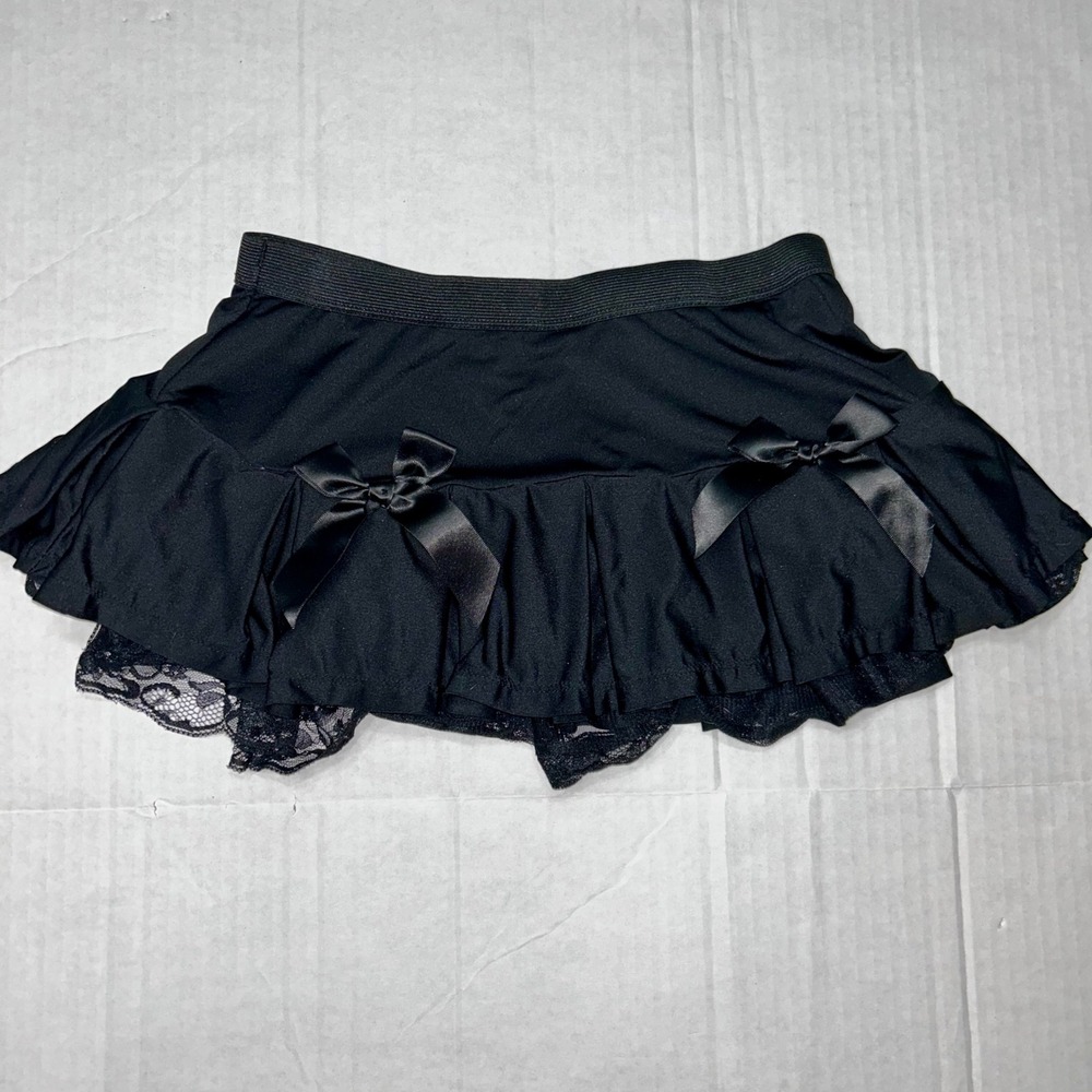 BodyRage Intimates Black Micro Mini Skirt SM/MED Ruffle Lace Trim Satin Bows